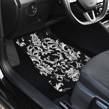 Black And White Damask Pattern Print Front and Back Car Floor Mats