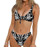 Black And White Damask Pattern Print Front Bow Tie Bikini