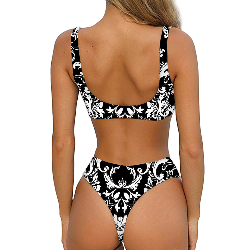 Black And White Damask Pattern Print Front Bow Tie Bikini