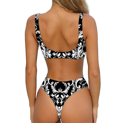 Black And White Damask Pattern Print Front Bow Tie Bikini