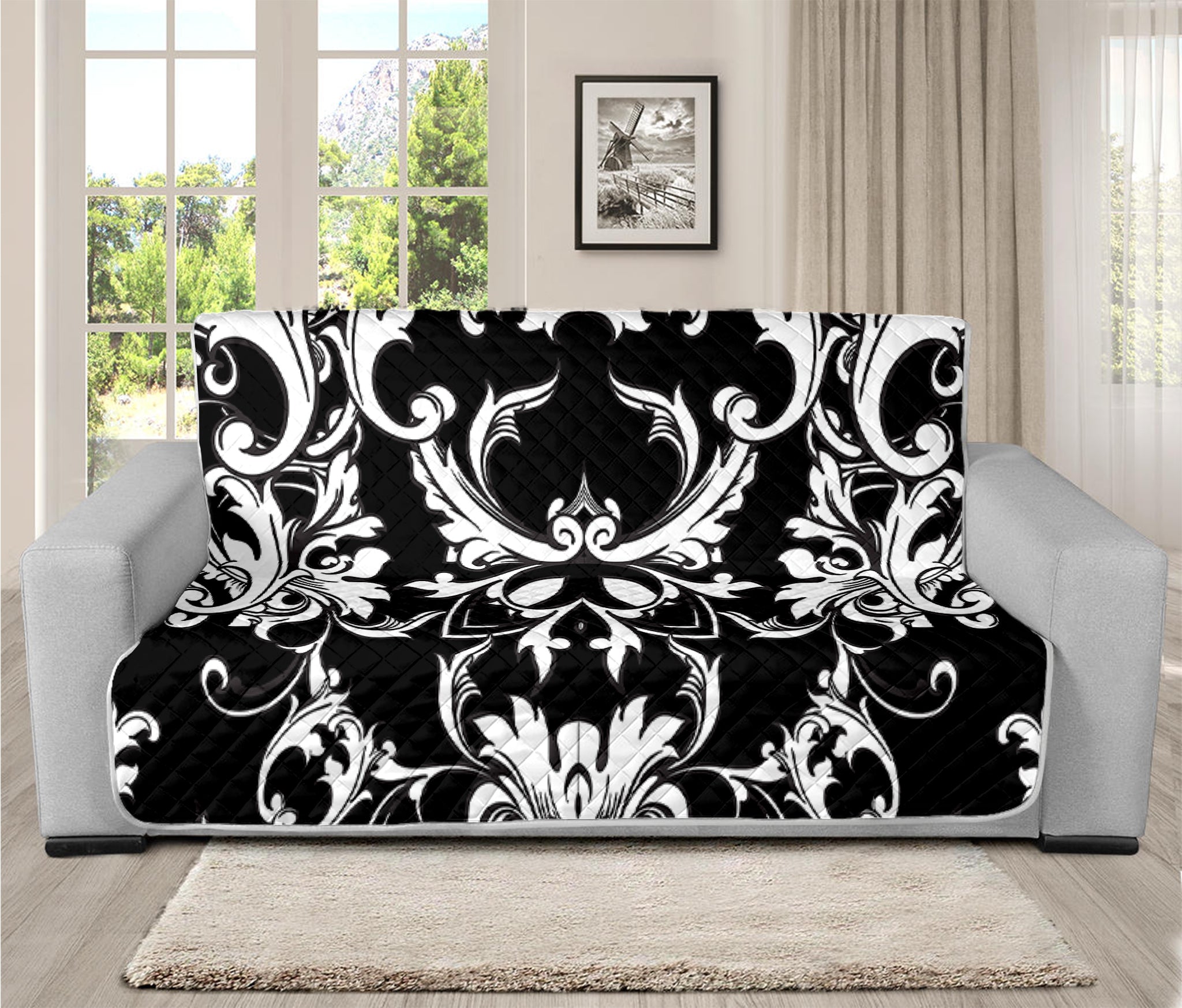 Black And White Damask Pattern Print Futon Protector