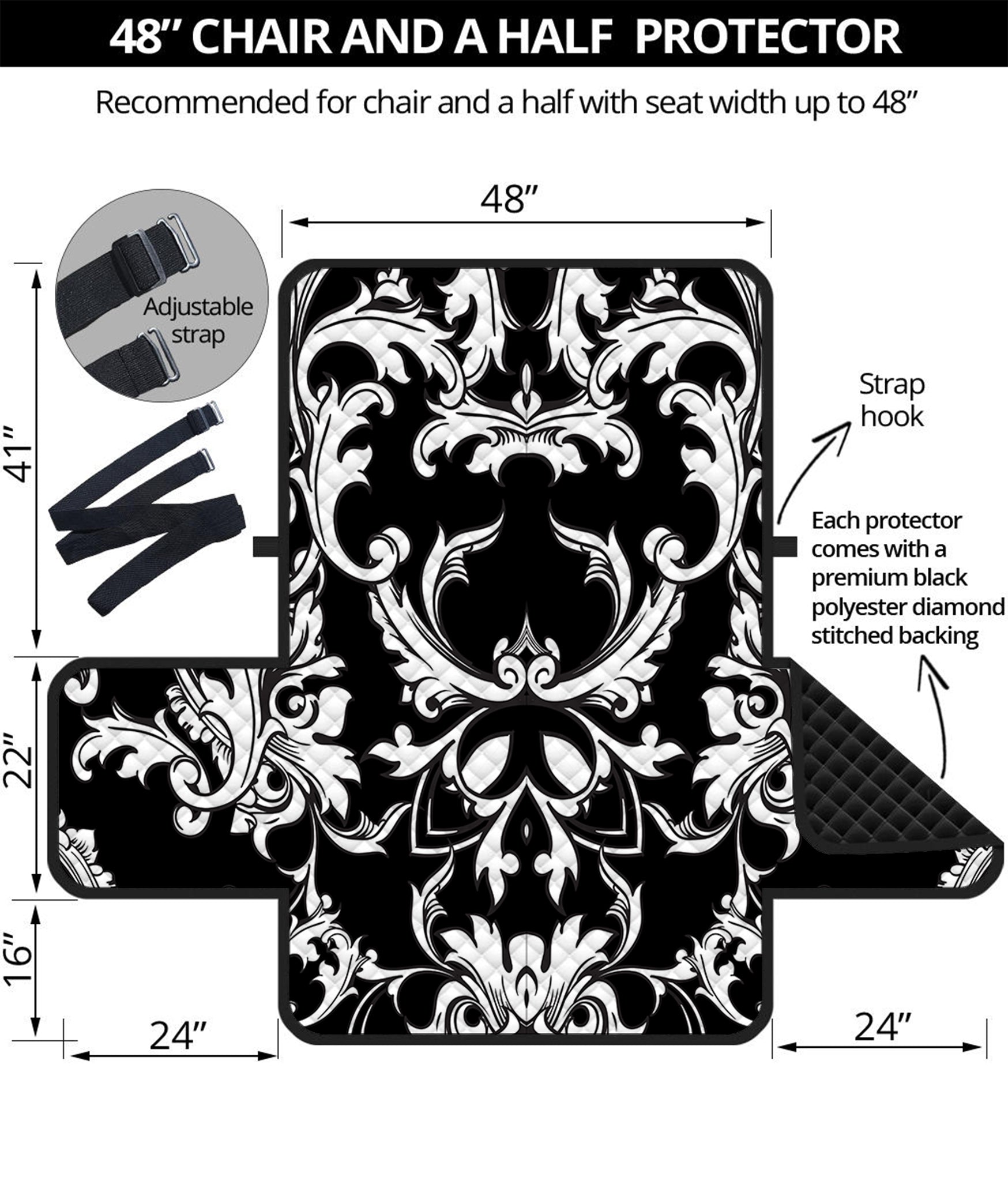 Black And White Damask Pattern Print Half Sofa Protector