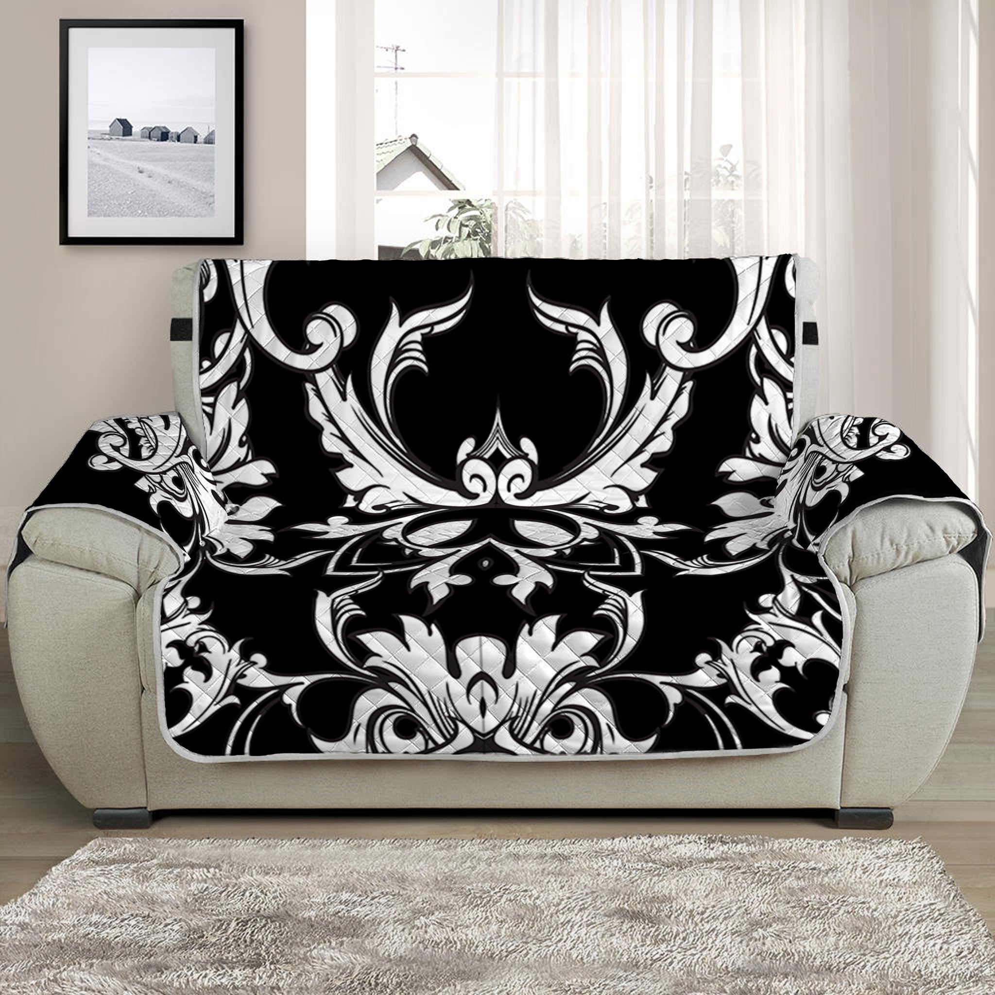 Black And White Damask Pattern Print Half Sofa Protector