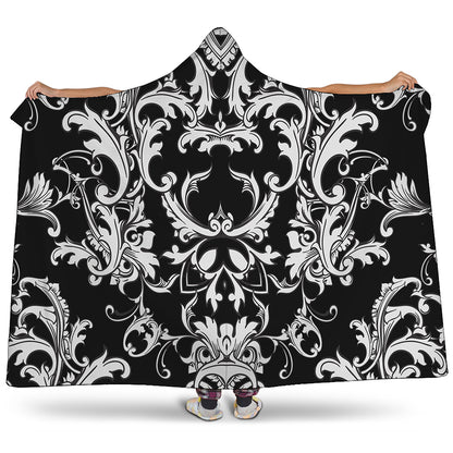 Black And White Damask Pattern Print Hooded Blanket