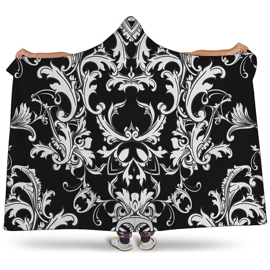 Black And White Damask Pattern Print Hooded Blanket