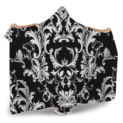 Black And White Damask Pattern Print Hooded Blanket