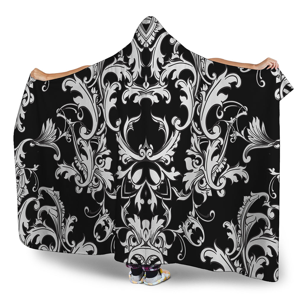 Black And White Damask Pattern Print Hooded Blanket
