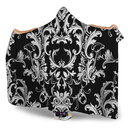 Black And White Damask Pattern Print Hooded Blanket