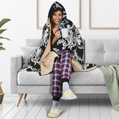 Black And White Damask Pattern Print Hooded Blanket