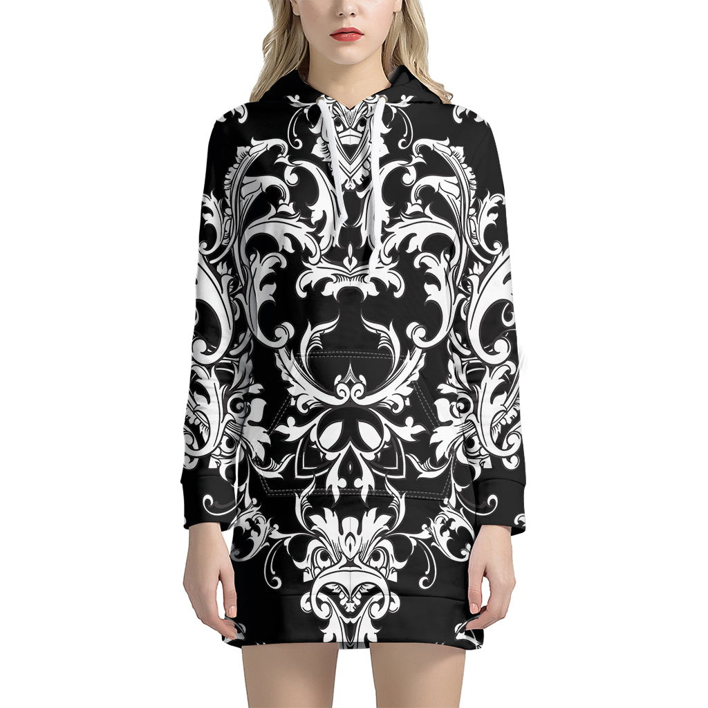 Black And White Damask Pattern Print Hoodie Dress