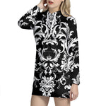 Black And White Damask Pattern Print Hoodie Dress