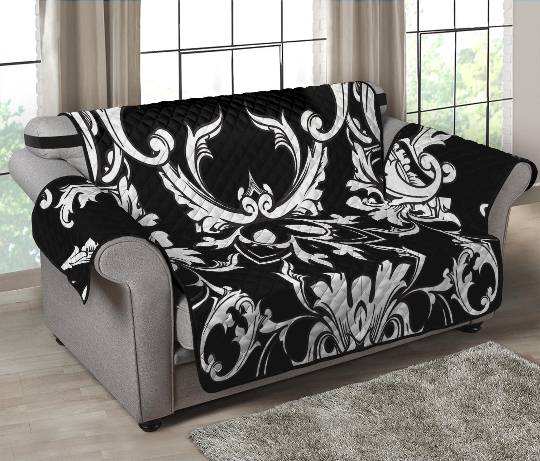 Black And White Damask Pattern Print Loveseat Protector