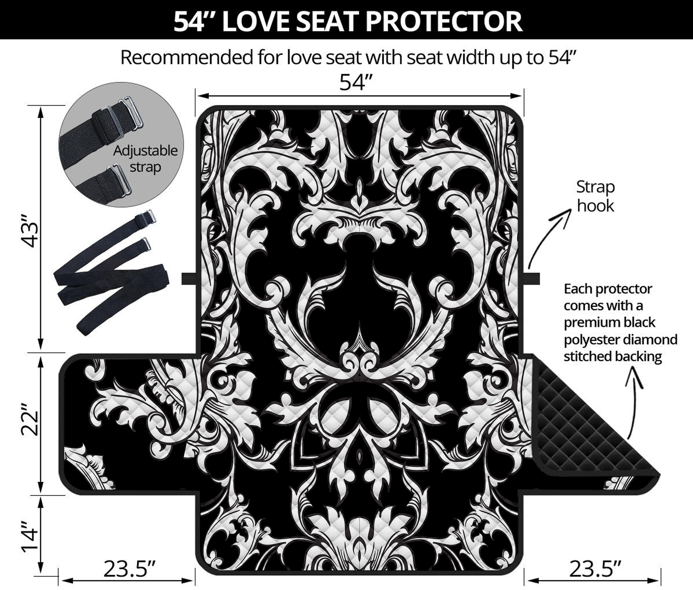 Black And White Damask Pattern Print Loveseat Protector