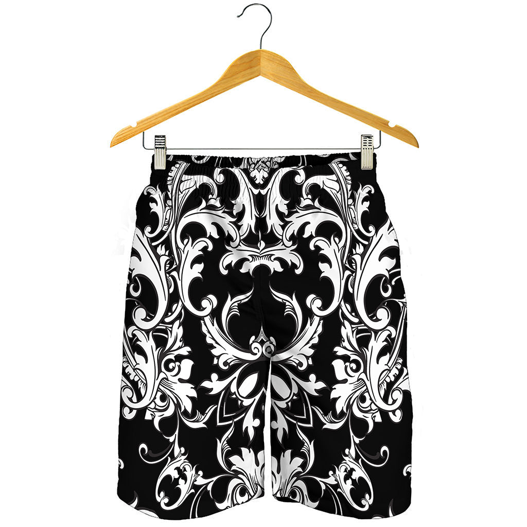 Black And White Damask Pattern Print Men's Shorts