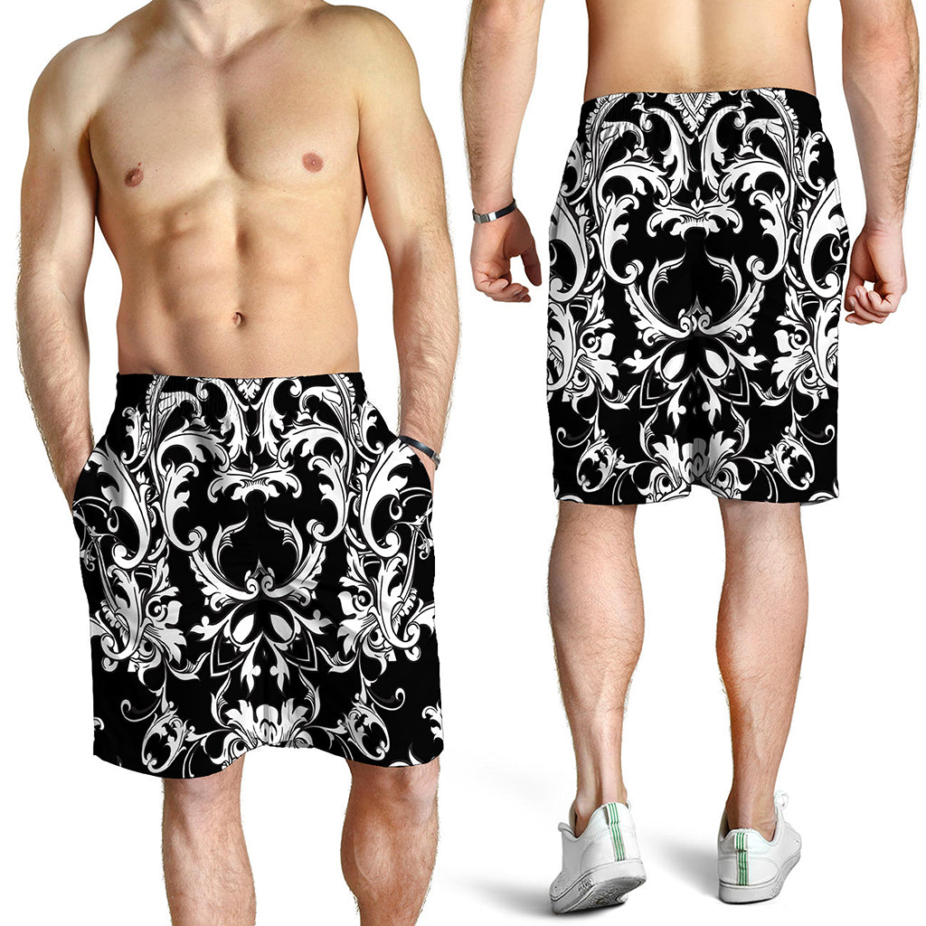 Black And White Damask Pattern Print Men's Shorts