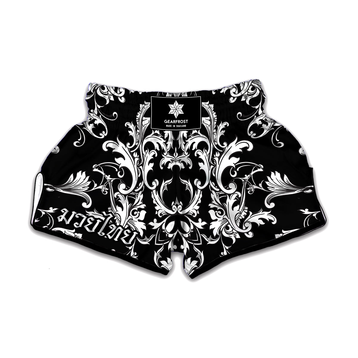 Black And White Damask Pattern Print Muay Thai Boxing Shorts