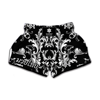 Black And White Damask Pattern Print Muay Thai Boxing Shorts