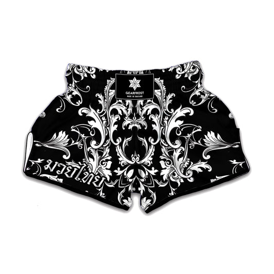 Black And White Damask Pattern Print Muay Thai Boxing Shorts