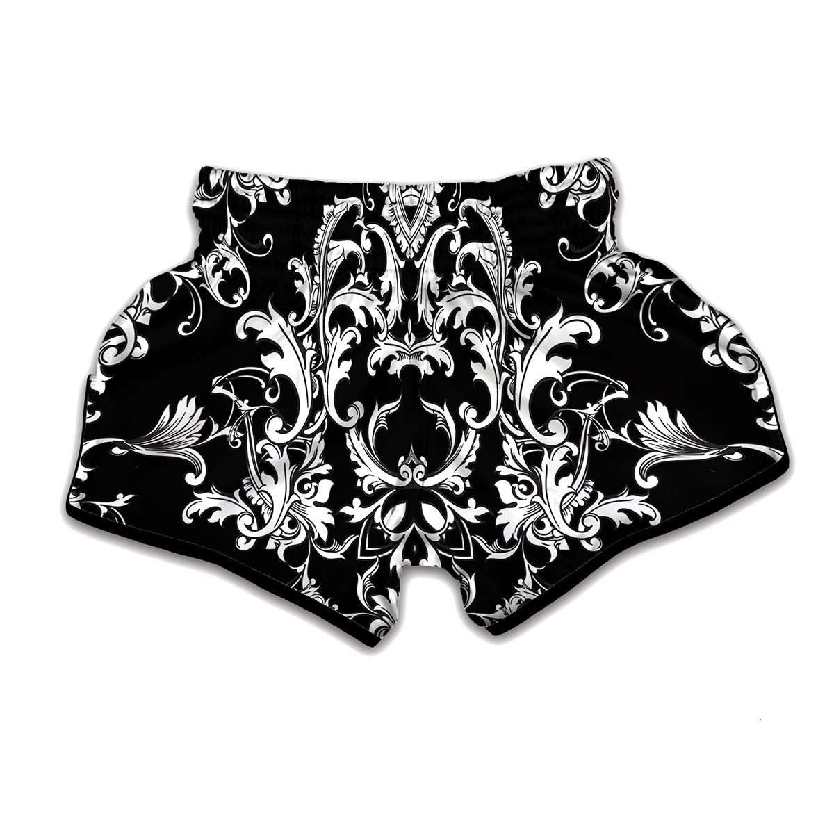 Black And White Damask Pattern Print Muay Thai Boxing Shorts