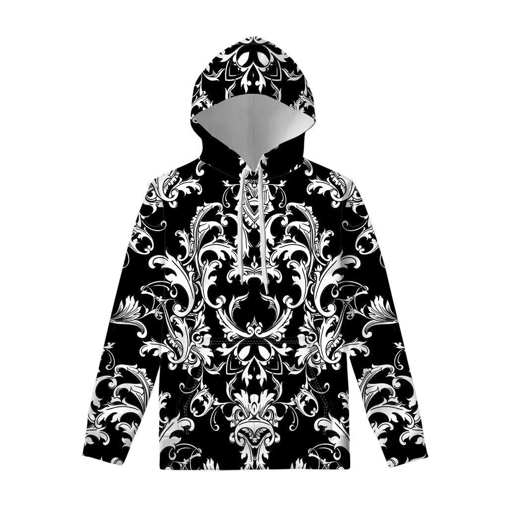 Black And White Damask Pattern Print Pullover Hoodie