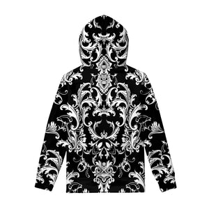 Black And White Damask Pattern Print Pullover Hoodie