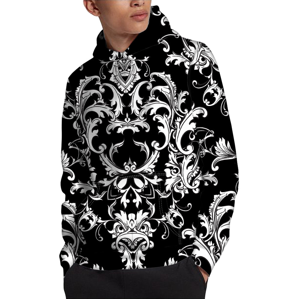 Black And White Damask Pattern Print Pullover Hoodie