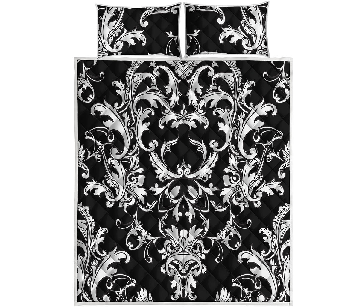 Black And White Damask Pattern Print Quilt Bed Set