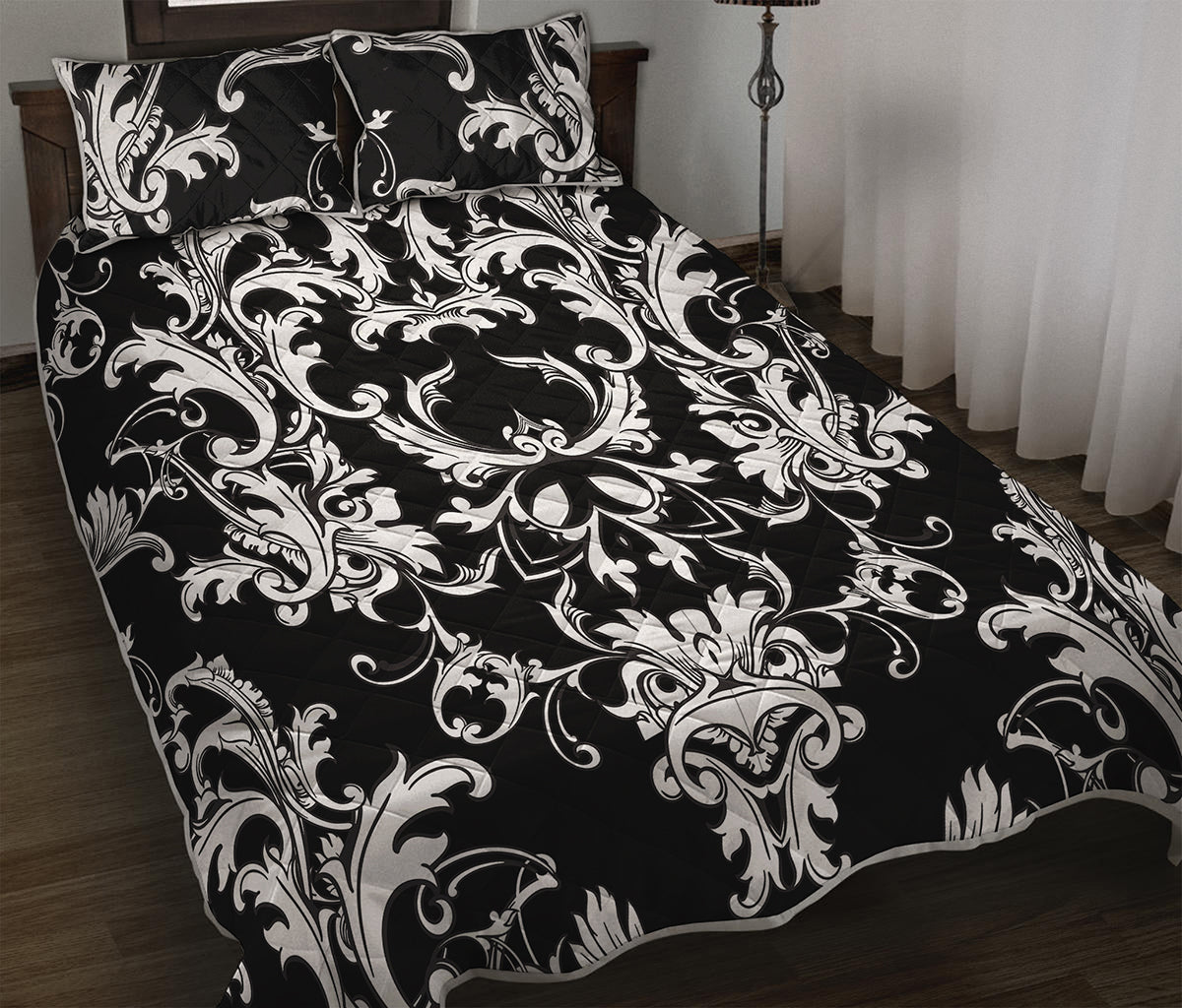 Black And White Damask Pattern Print Quilt Bed Set