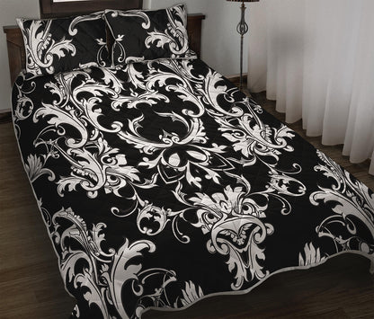 Black And White Damask Pattern Print Quilt Bed Set