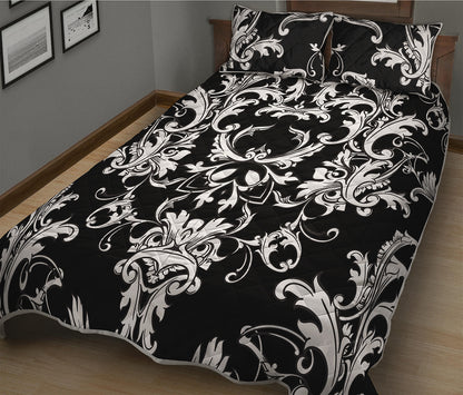 Black And White Damask Pattern Print Quilt Bed Set