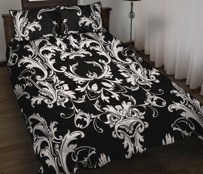 Black And White Damask Pattern Print Quilt Bed Set
