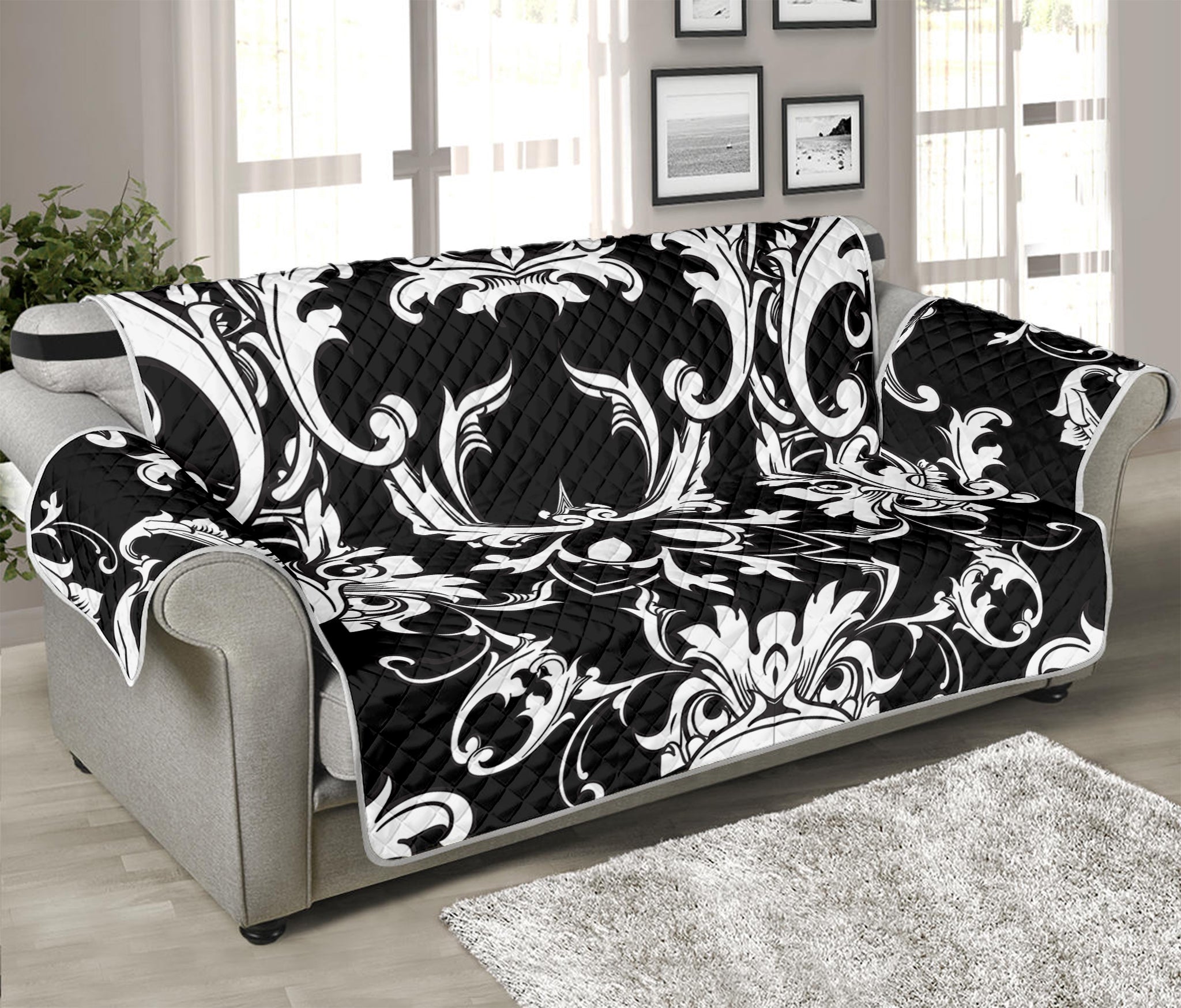 Black And White Damask Pattern Print Sofa Protector