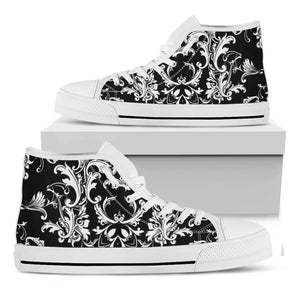 Black And White Damask Pattern Print White High Top Shoes