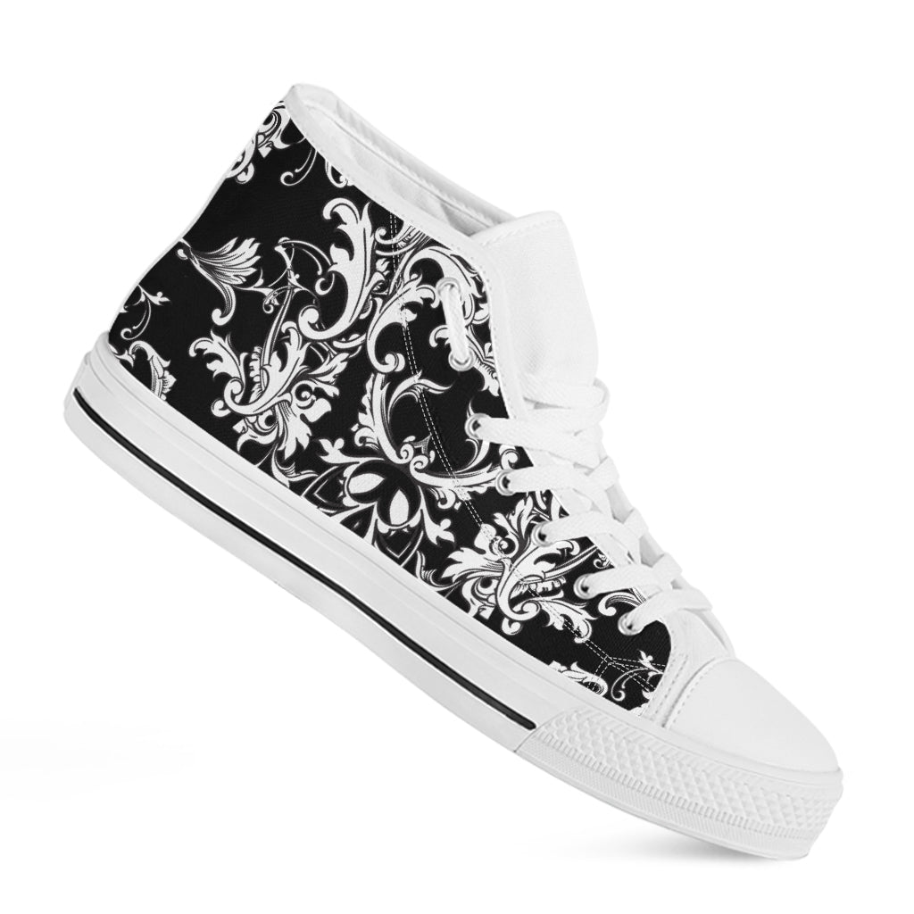 Black And White Damask Pattern Print White High Top Shoes