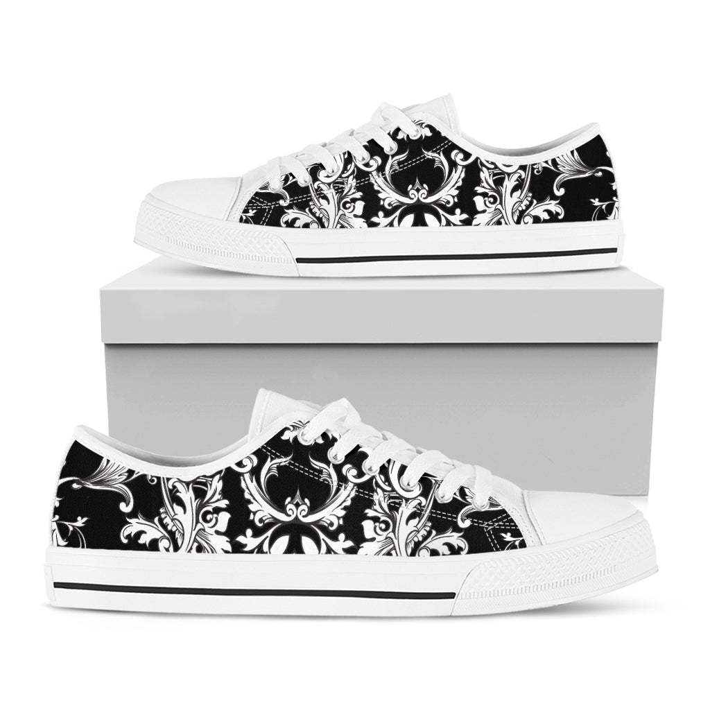 Black And White Damask Pattern Print White Low Top Shoes