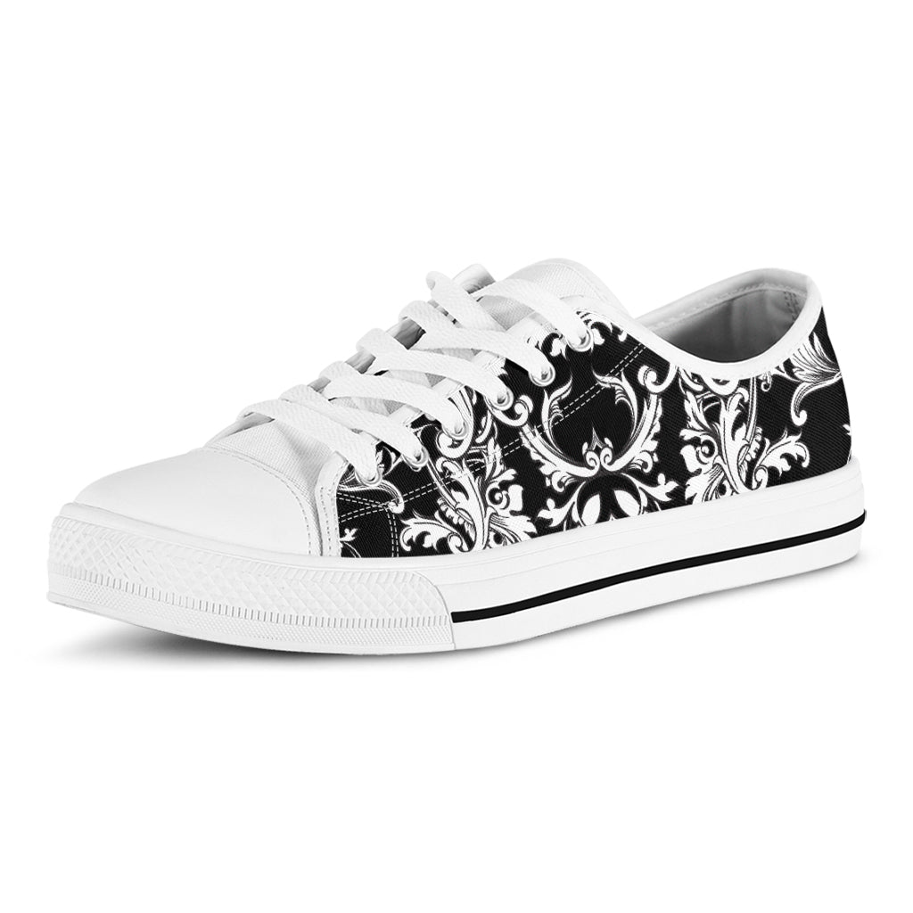 Black And White Damask Pattern Print White Low Top Shoes