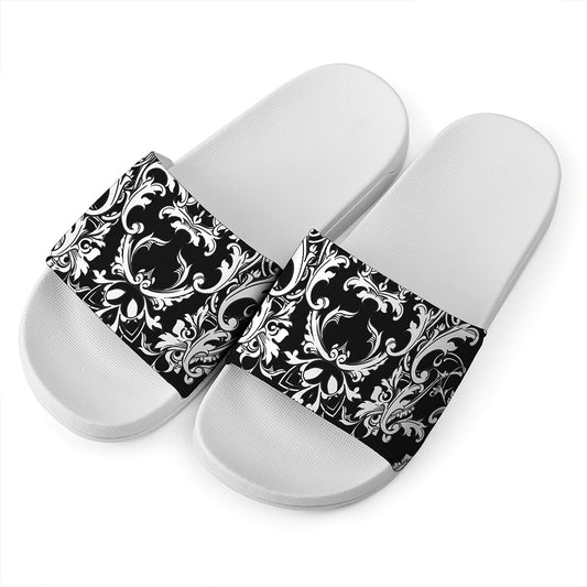 Black And White Damask Pattern Print White Slide Sandals