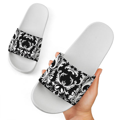 Black And White Damask Pattern Print White Slide Sandals