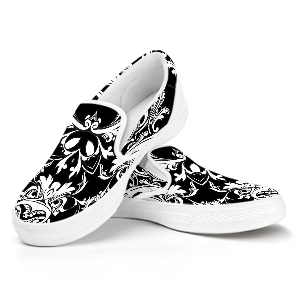 Black And White Damask Pattern Print White Slip On Shoes