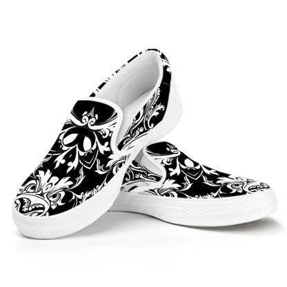 Black And White Damask Pattern Print White Slip On Shoes