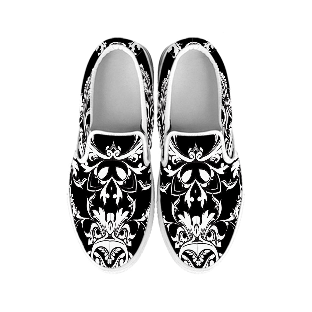 Black And White Damask Pattern Print White Slip On Shoes