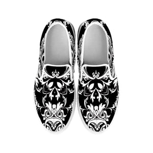 Black And White Damask Pattern Print White Slip On Shoes