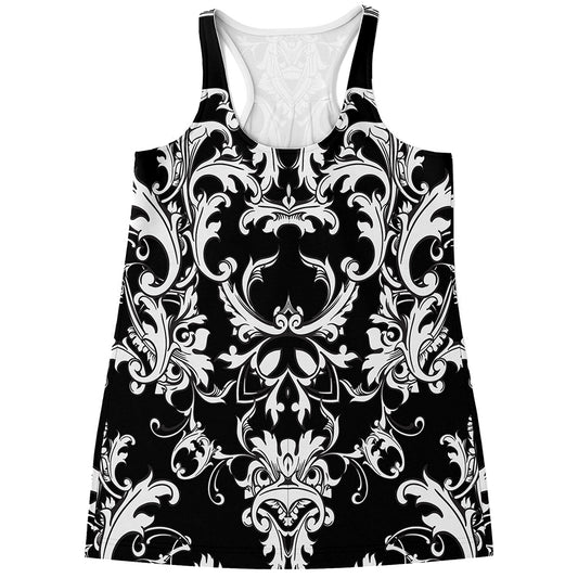 Black And White Damask Pattern Print Women's Racerback Tank Top