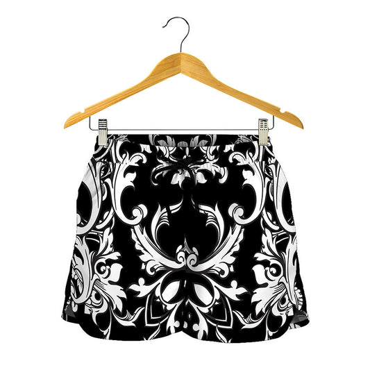 Black And White Damask Pattern Print Women's Shorts