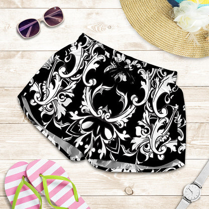 Black And White Damask Pattern Print Women's Shorts