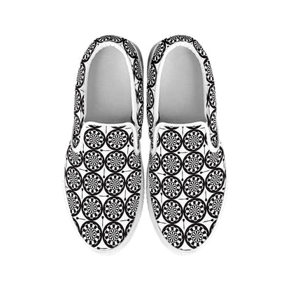 Black And White Dartboard Pattern Print White Slip On Shoes