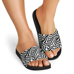 Black And White Dazzle Pattern Print Black Slide Sandals