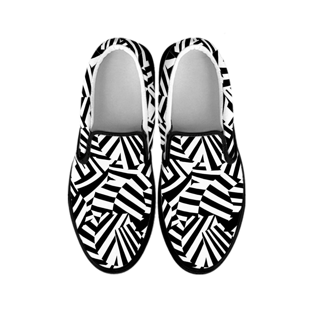 Black And White Dazzle Pattern Print Black Slip On Shoes
