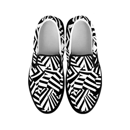 Black And White Dazzle Pattern Print Black Slip On Shoes