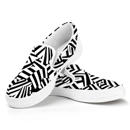 Black And White Dazzle Pattern Print White Slip On Shoes